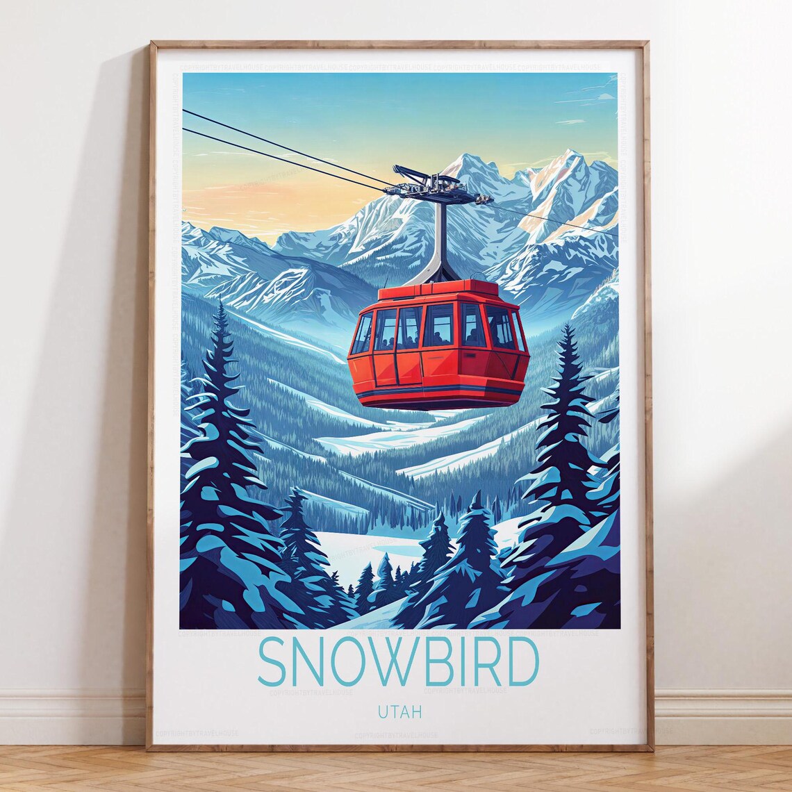 Snowbird Utah Red Aerial Tram Mountain Sunset Ski Travel Poster