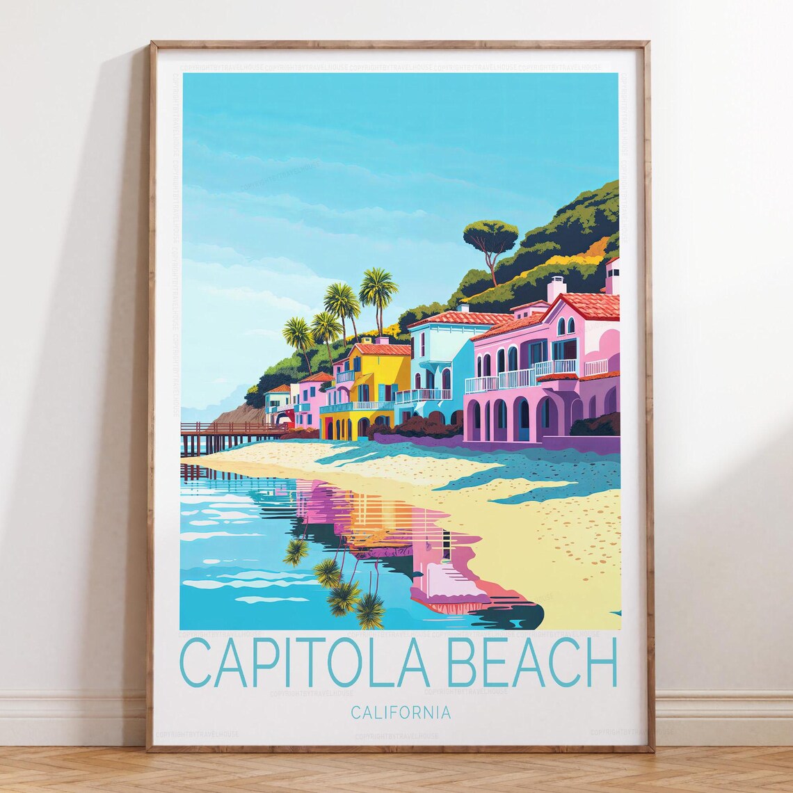 Capitola Beach California Pastel Houses Palm Trees Travel Poster