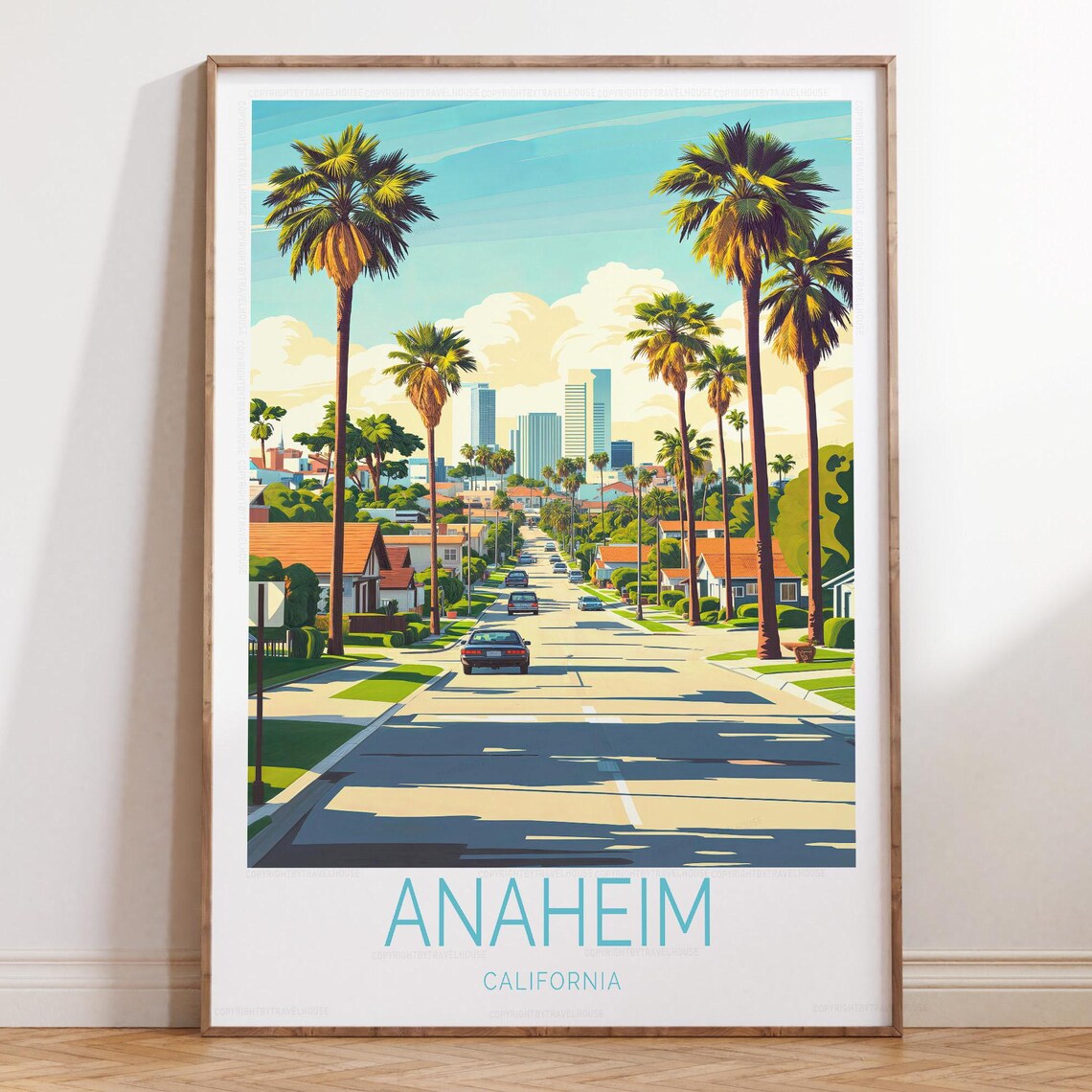 Anaheim California Palm Street City Skyline Retro Travel Poster