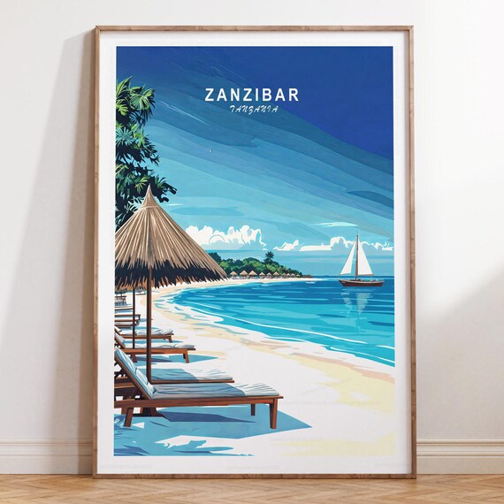 Zanzibar Tanzania Beach Umbrellas Sailboat Travel Poster Top Text