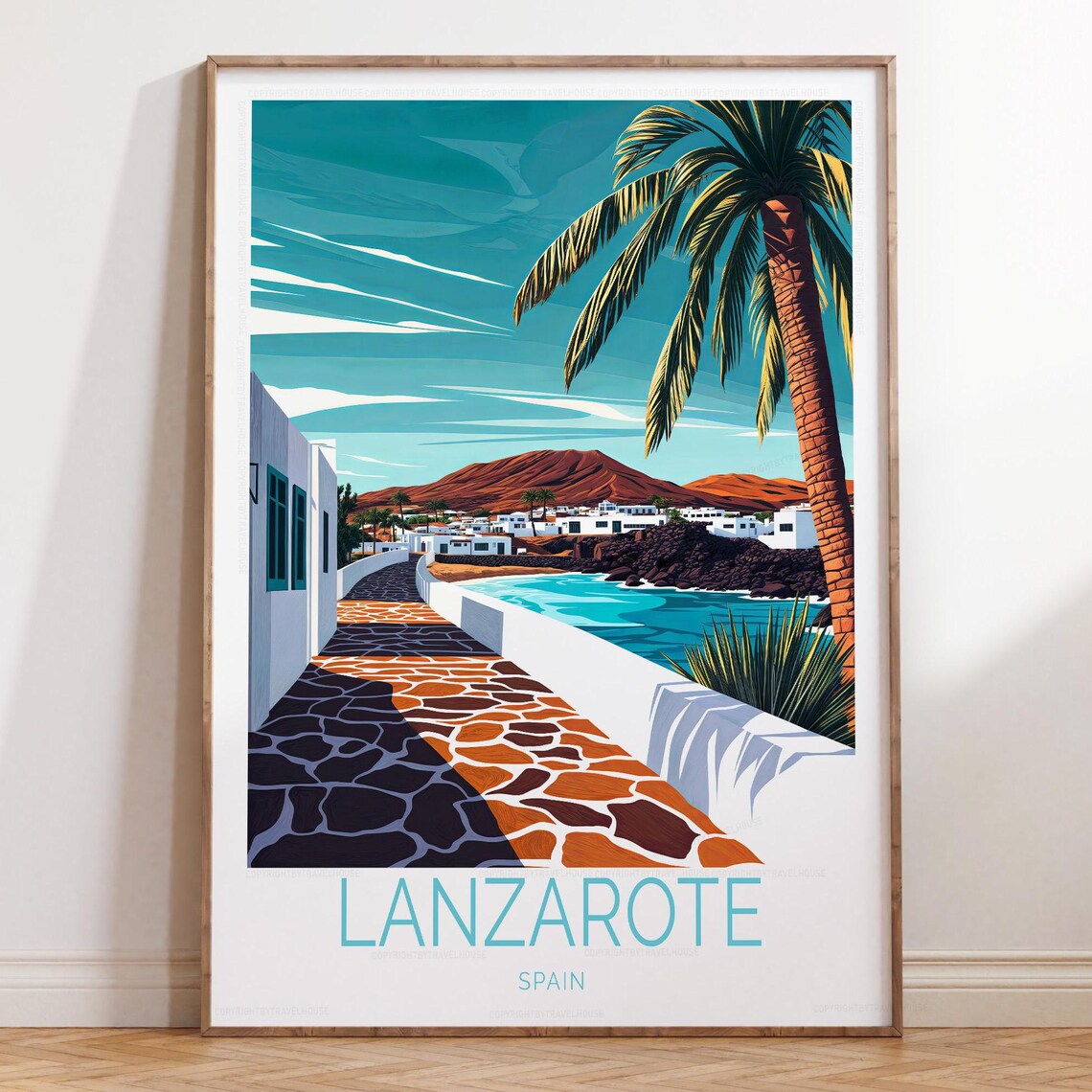 Lanzarote Spain Coastal Village Palm Lane Seaside Travel Poster