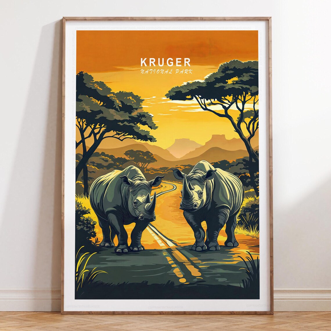 Kruger National Park Two Rhinos At Sunset South Africa Travel Poster