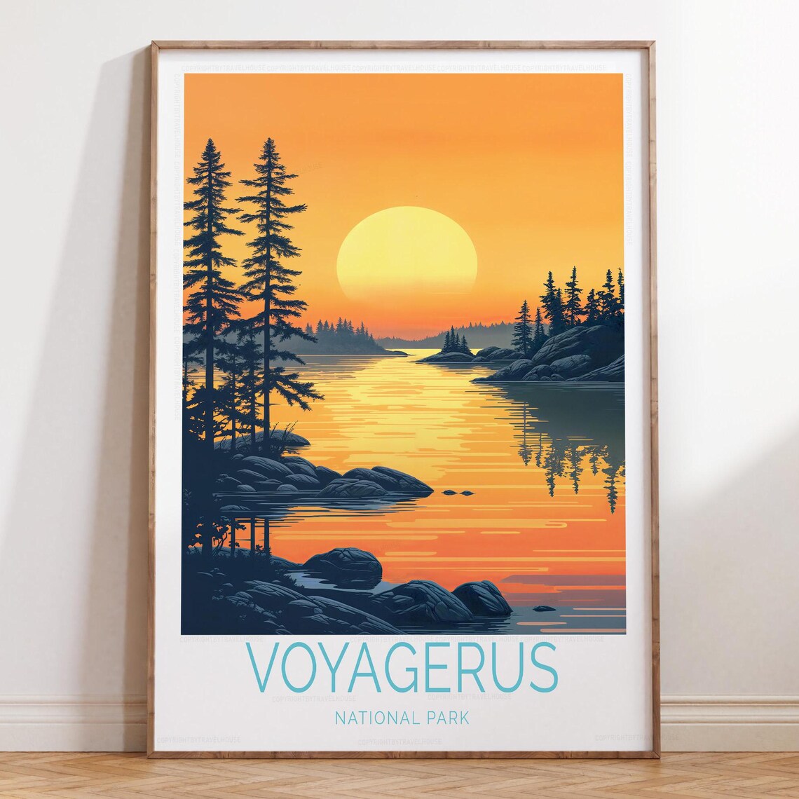 Voyagerus National Park Sunset Lake Pines Retro Travel Poster Art