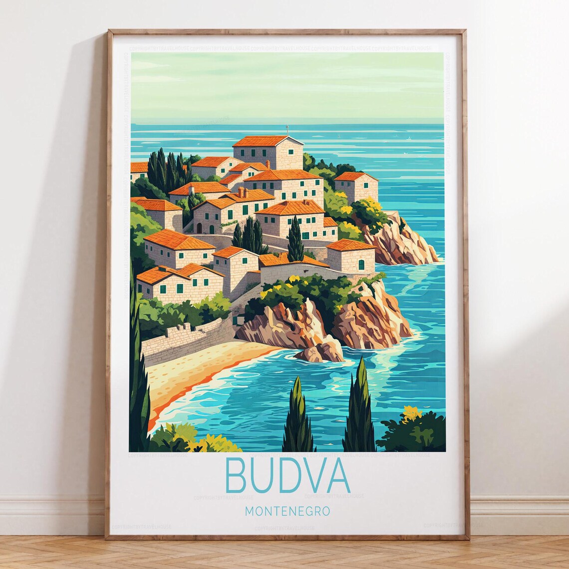Budva Montenegro Cliffside Old Town Blue Seaside Travel Poster