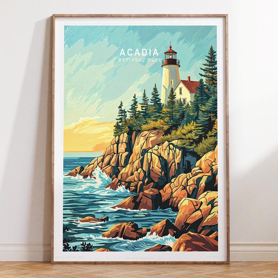 Acadia National Park Lighthouse Rocky Coast Travel Poster Text Above