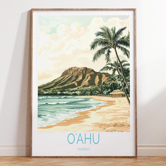 Oahu Hawaii Iconic Diamond Head Crater Waikiki Beach Travel Poster
