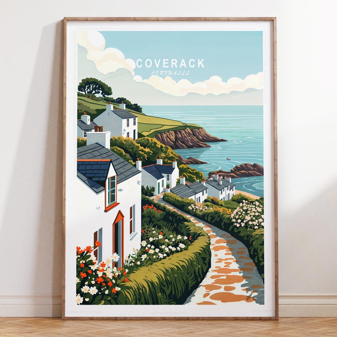 Coverack Cornwall Coastal Village White Cottages Travel Poster