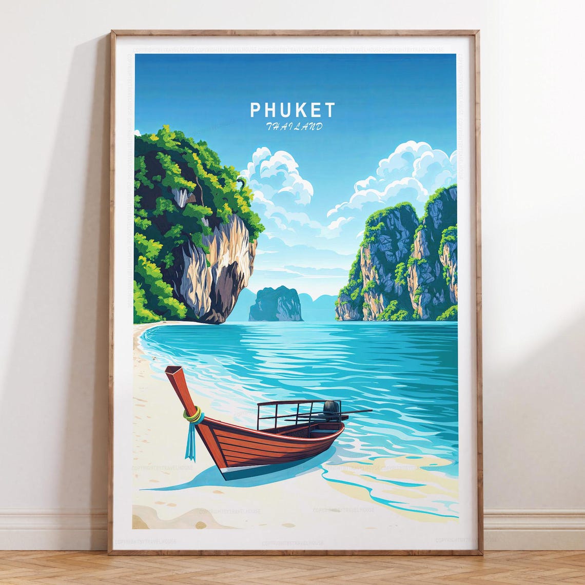 Phuket Thailand Beach Travel Poster With Longtail Boat And Blue Sea