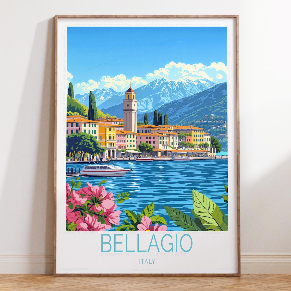 Bellagio Italy Lake Como Travel Poster Vintage Style Illustration