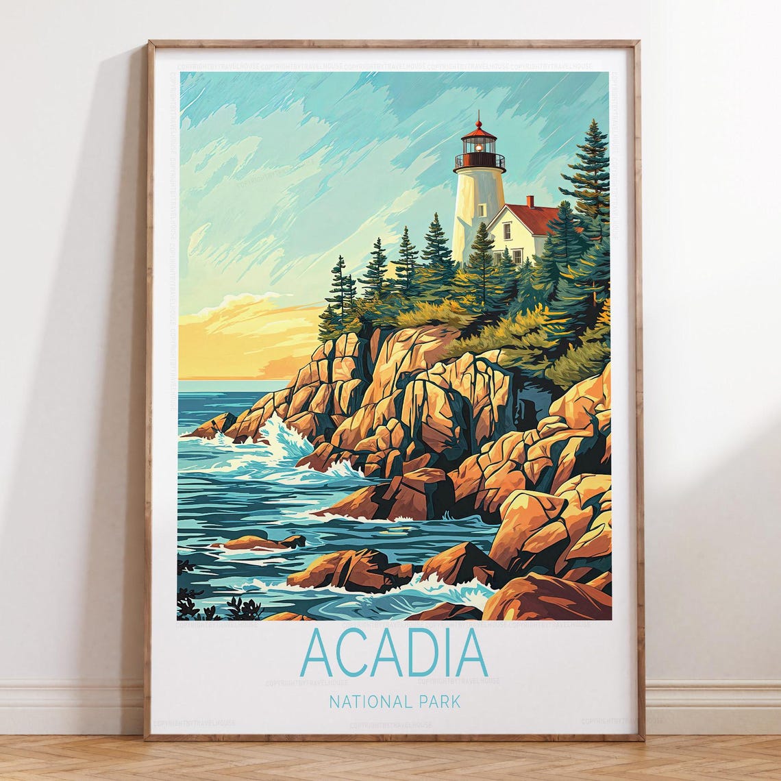 Acadia National Park Lighthouse Rocky Coast Travel Poster Text Below