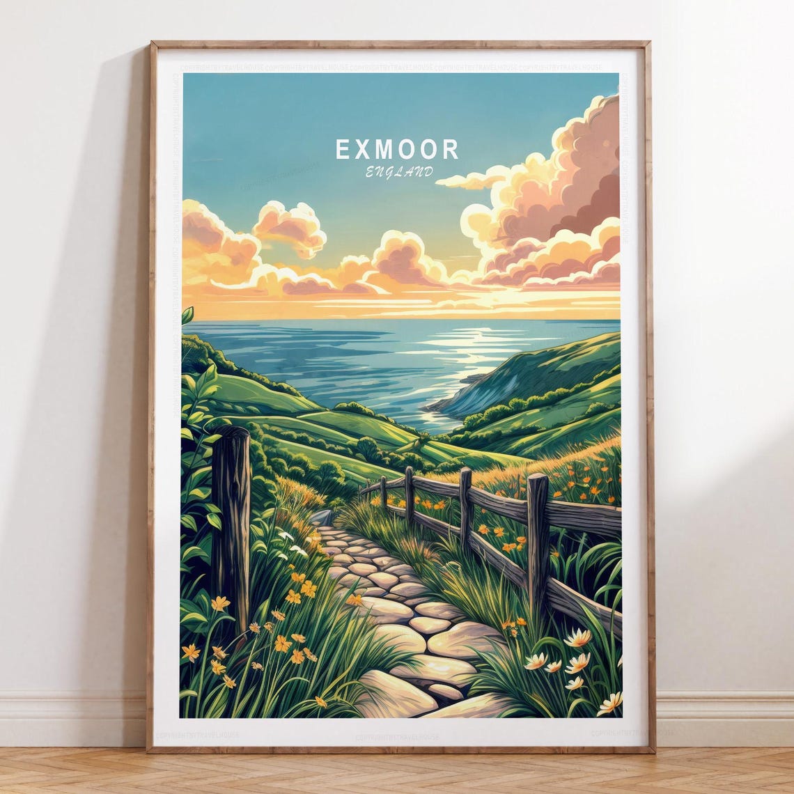 Exmoor England Coastal Path with Stone Trail Sunset Travel Poster