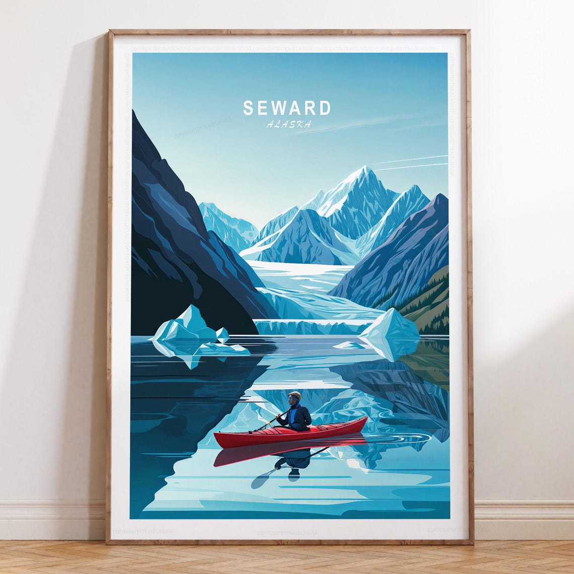 Seward Alaska Glacier Kayaker Red Boat Mountain Travel Poster Art
