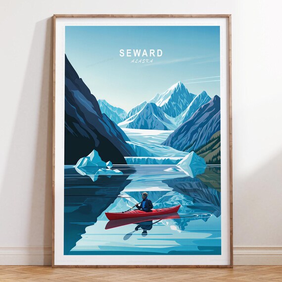 Seward Alaska Glacier Kayaker Red Boat Mountain Travel Poster Art