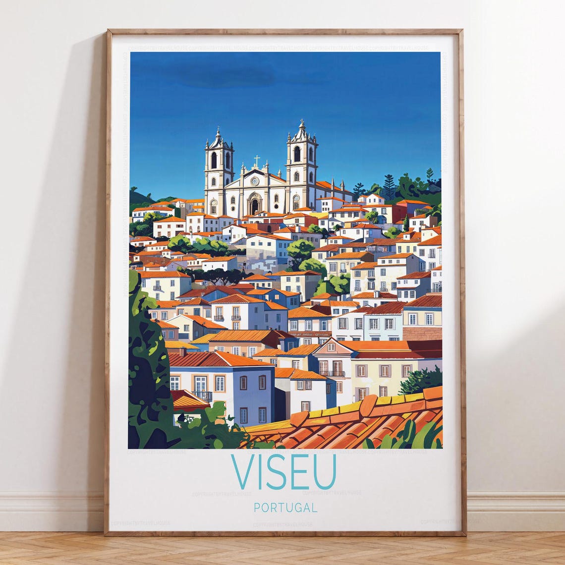 Viseu Portugal Cathedral Over Old Hill Town Retro Travel Poster