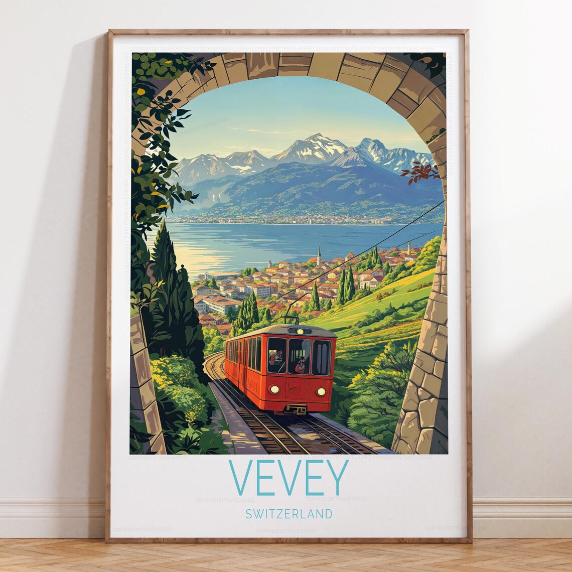 Vevey Switzerland Funicular Over Lake Geneva Vintage Travel Poster