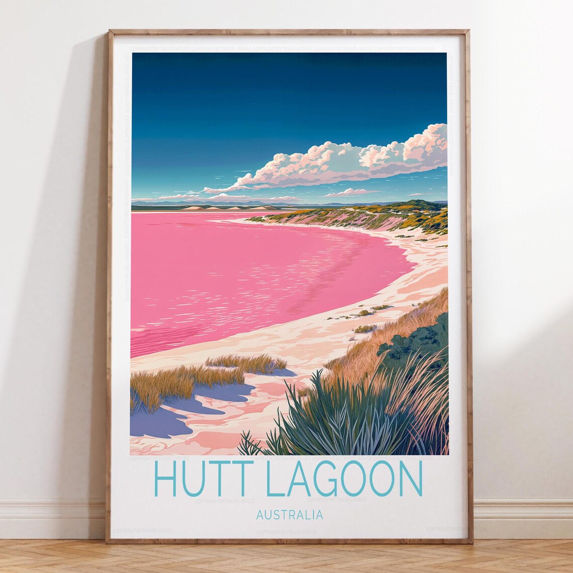 Hutt Lagoon Australia Pink Lake Travel Poster with Dunes and Blue Sky