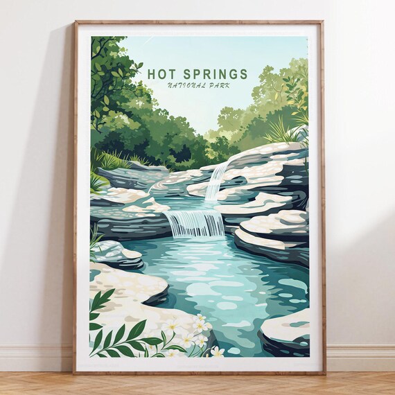 Hot Springs National Park Green Waterfall Forest Travel Poster