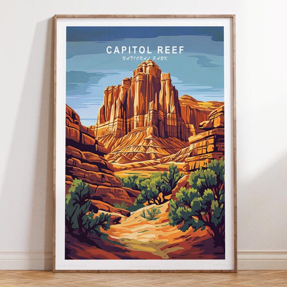 Capitol Reef National Park Towering Red Rock Cliffs Desert Travel Poster