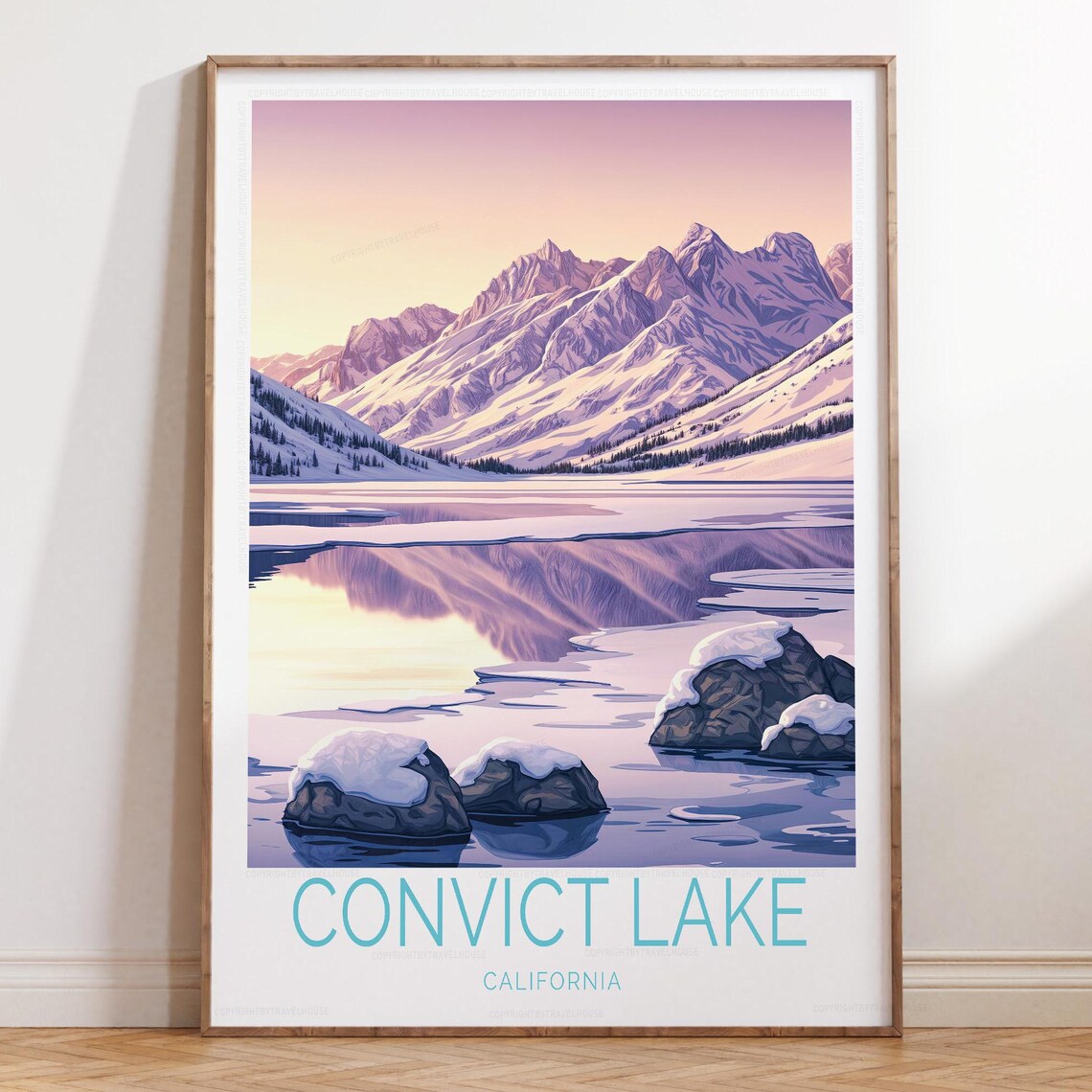 Convict Lake Frozen Winter Sunset Travel Poster Snowy Peaks Art