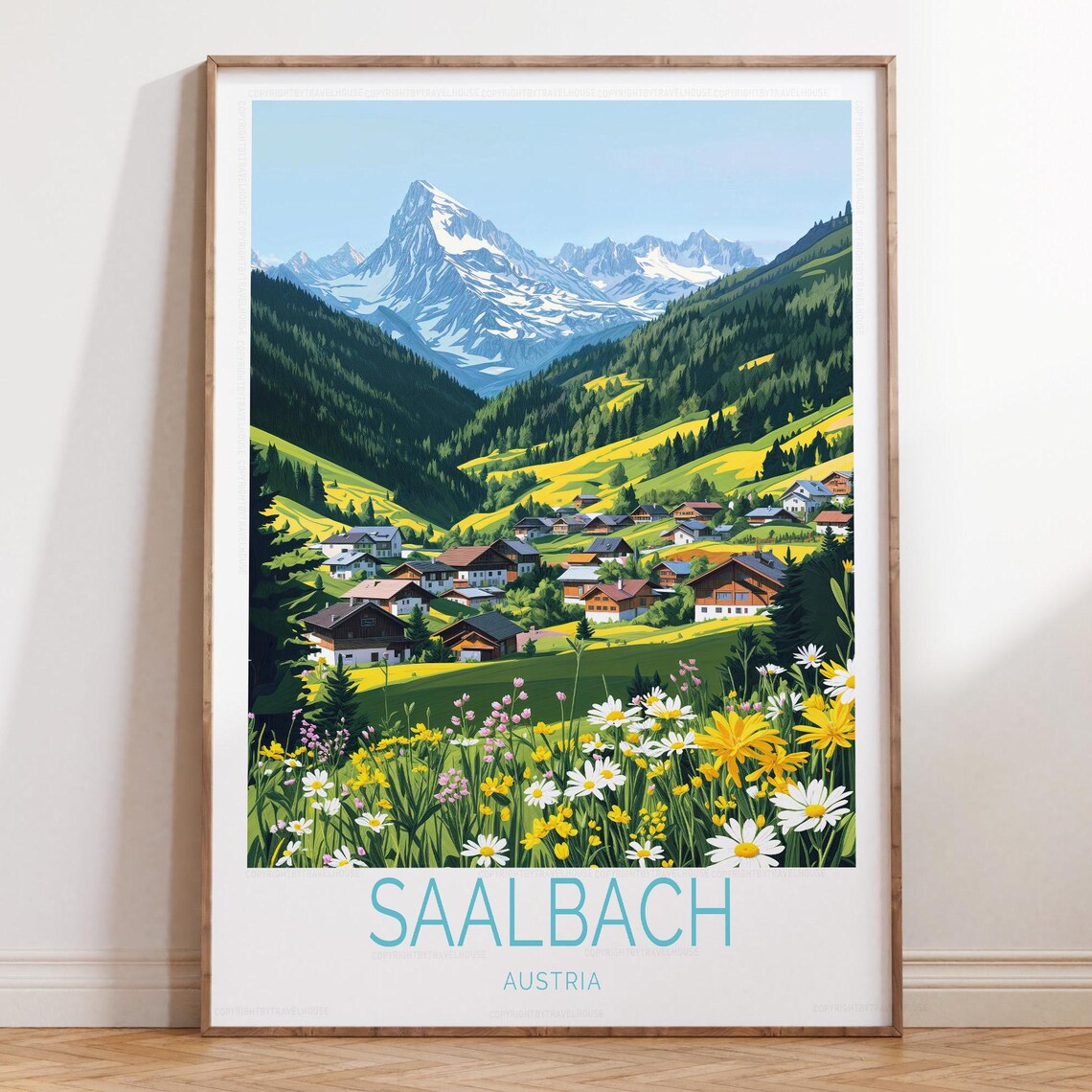 Saalbach Austria Alpine Village Wildflowers Travel Poster Bottom Title