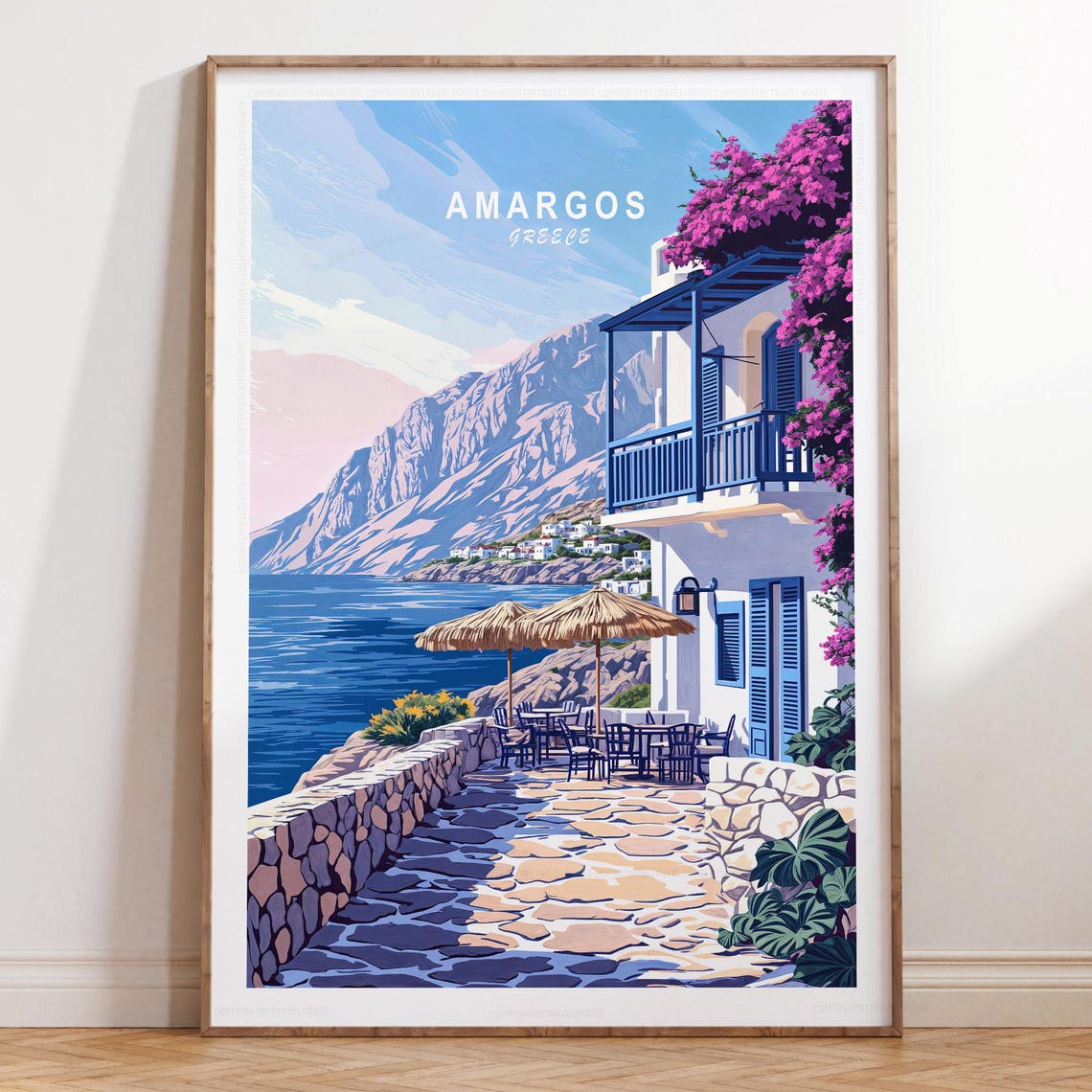 Amorgos Greece Bougainvillea Covered Terrace Retro Travel Poster