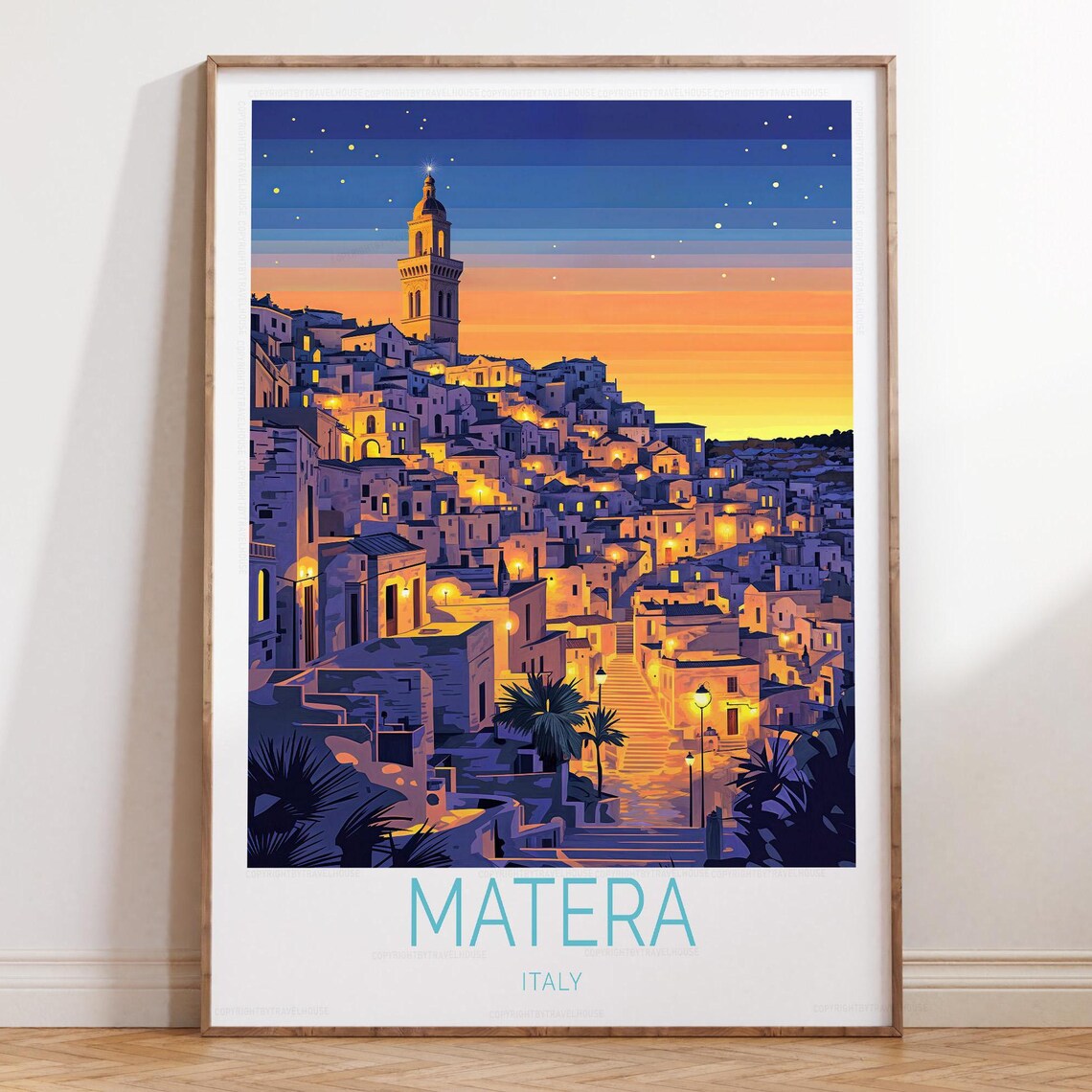 Matera Italy Illuminated Old Town Night View Evening Travel Poster