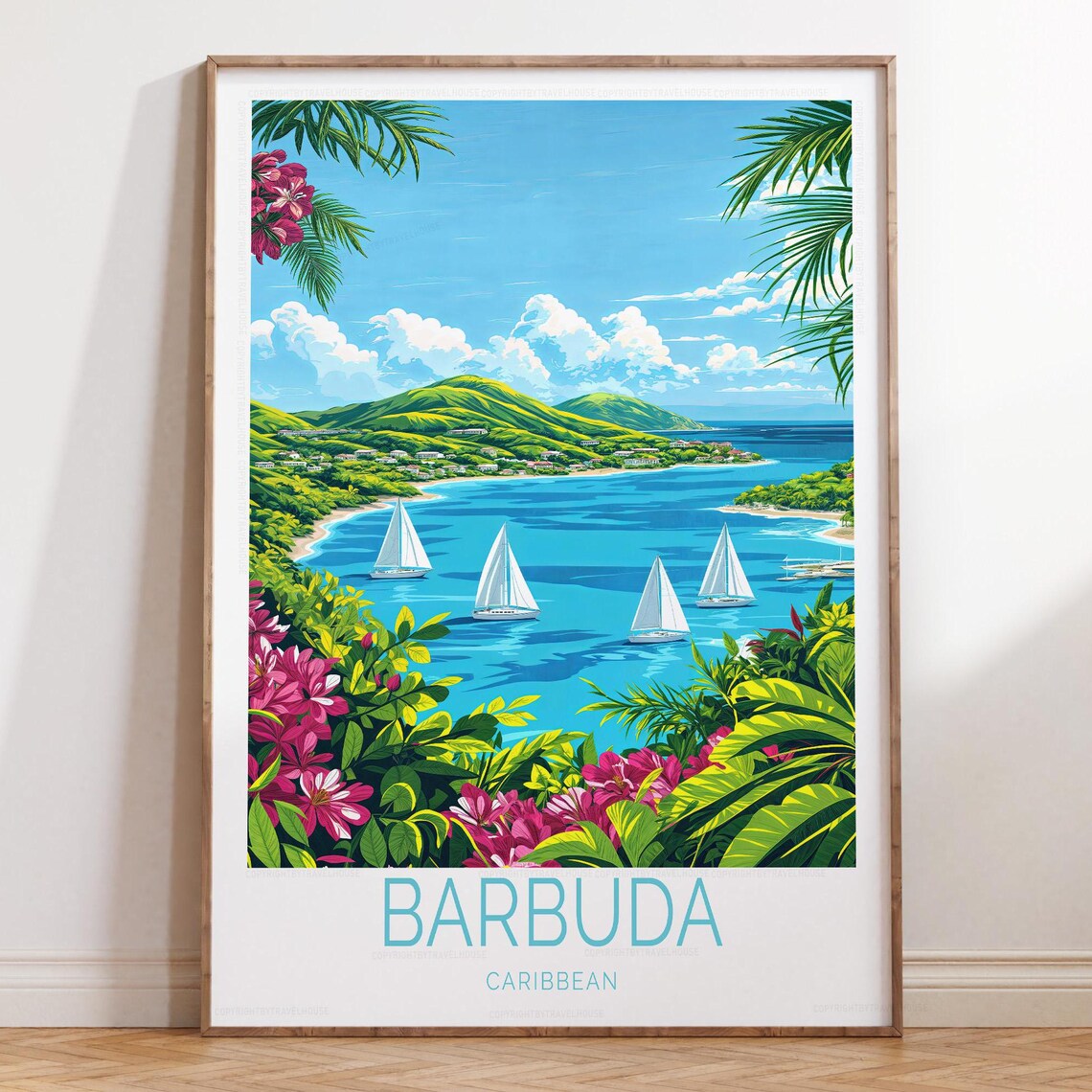 Barbuda Caribbean Sailboats Turquoise Bay Vintage Travel Poster