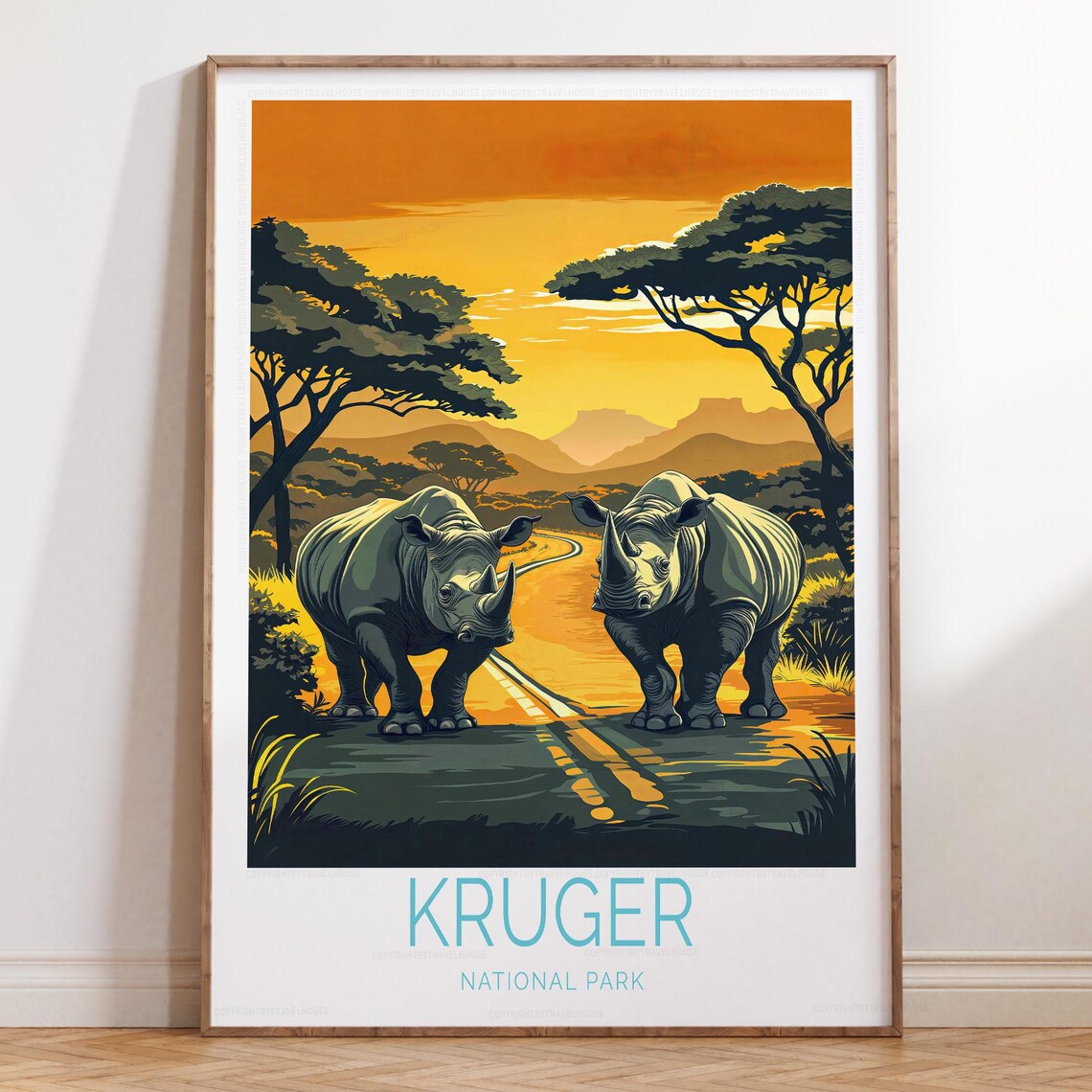 Kruger National Park Poster Two Rhinos at Sunset South Africa