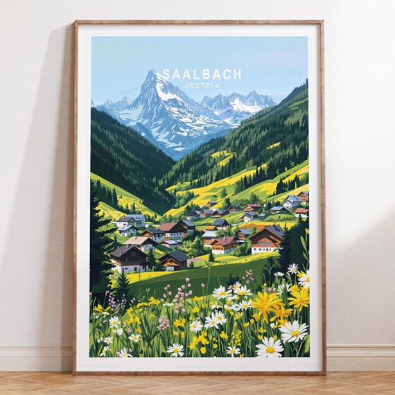Saalbach Austria Alpine Village Wildflowers Travel Poster Top Title
