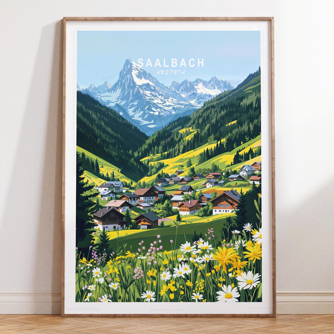 Saalbach Austria Alpine Village Wildflowers Travel Poster Top Title