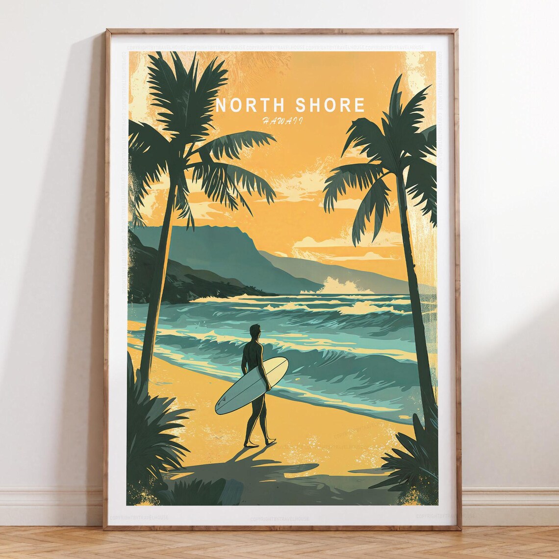 North Shore Hawaii Golden Sunset Surfer Between Palm Trees Poster