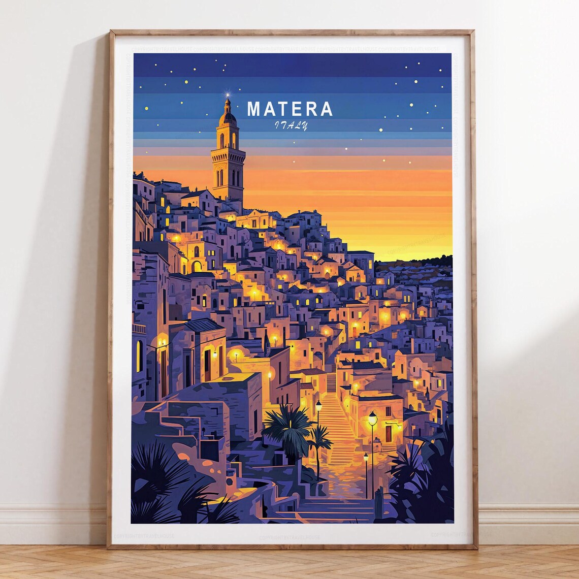 Matera Italy Glowing Sunset Old Town Hilltop Nightscape Travel Poster