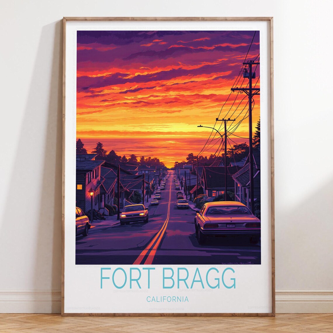 Fort Bragg California Fiery Sunset Sky Coastal Street Poster