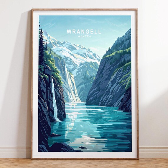 Wrangell Alaska Fjord Glacier Waterfall Vintage Travel Poster