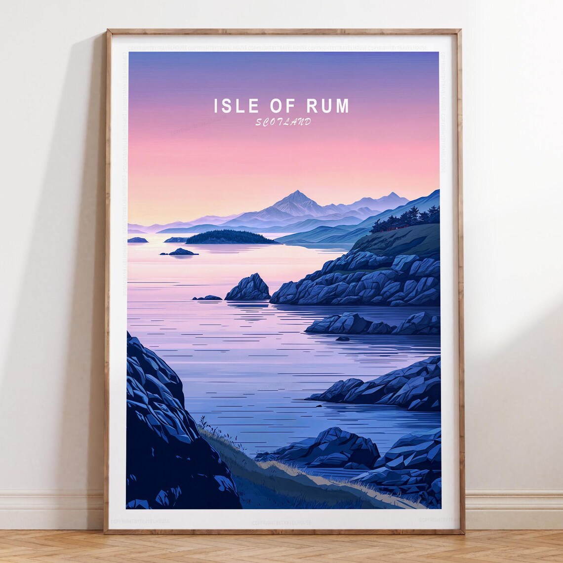 Isle Of Rum Scotland Pink Sunset Minimalist Coastline Travel Poster