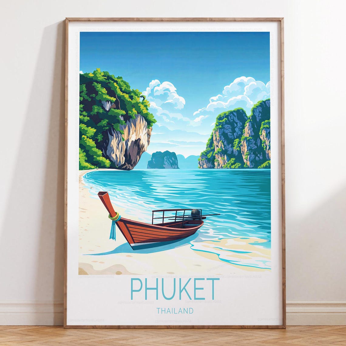 Phuket Thailand Travel Poster With Longtail Boat And Limestone Cliffs