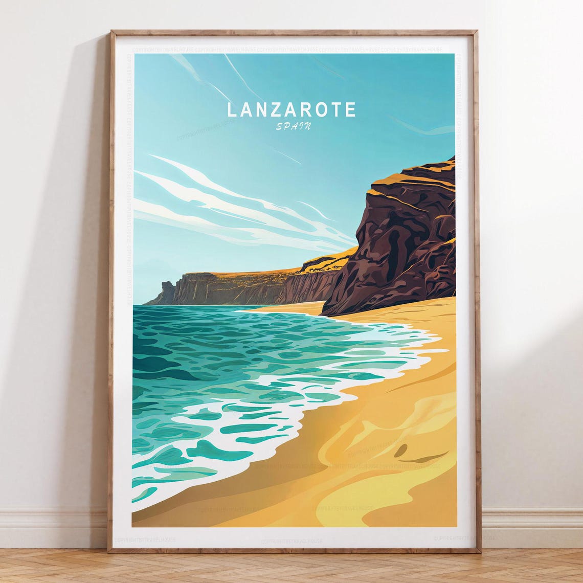 Lanzarote Spain Golden Beach Cliffs Travel Illustration Poster