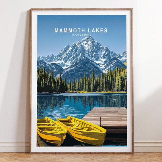 Mammoth Lakes California Yellow Boats and Snowy Peak Travel Poster