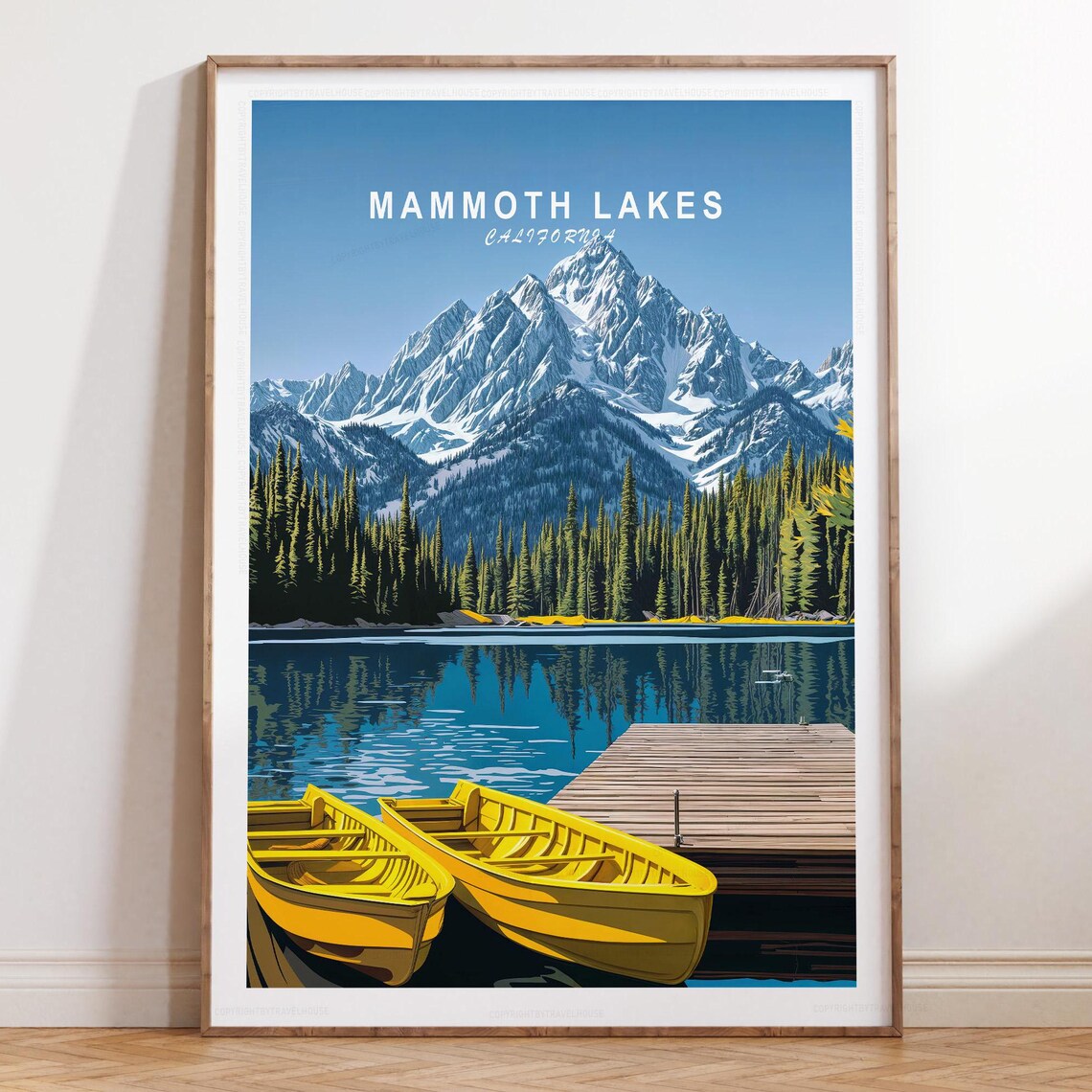Mammoth Lakes California Yellow Boats and Snowy Peak Travel Poster