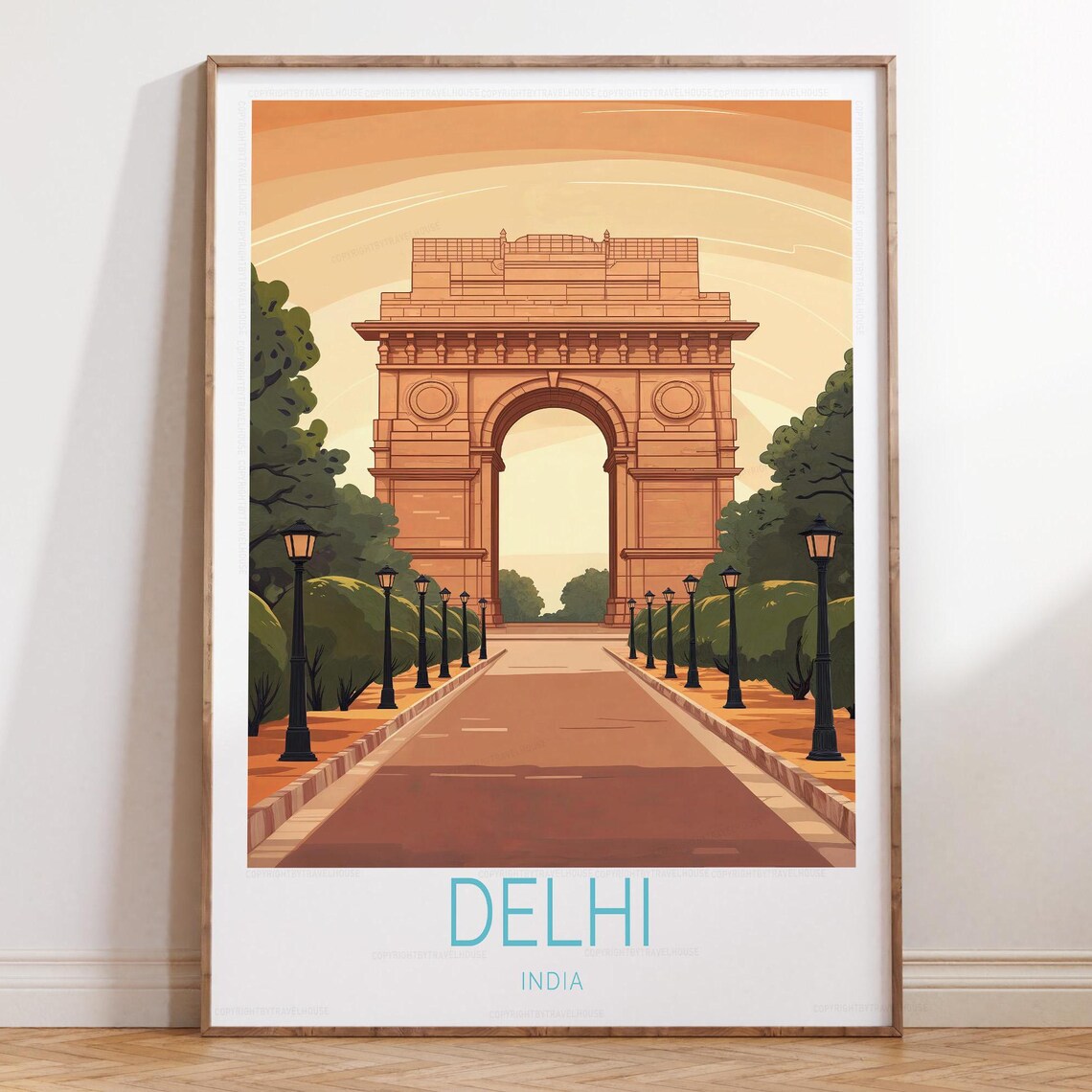 Delhi India Gate at Sunset Golden Sky Landmark Travel Poster
