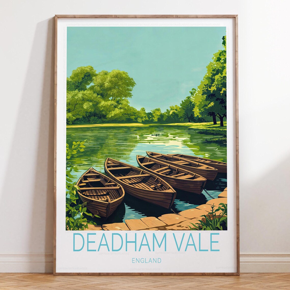 Deadham Vale England Wooden Rowboats Riverside Travel Poster