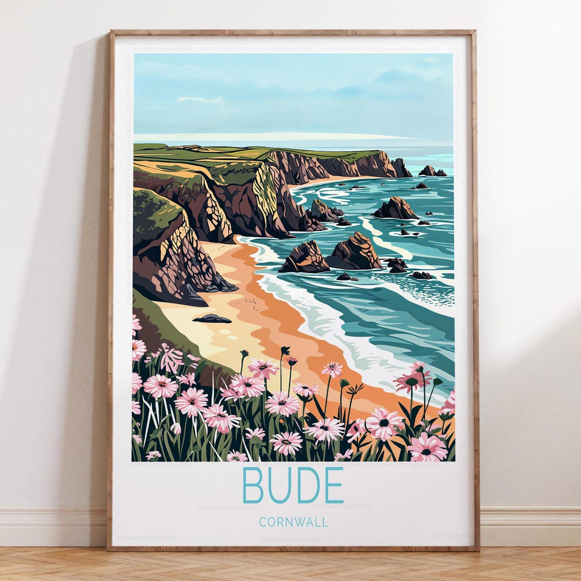 Bude Cornwall Dramatic Cliffs Golden Beach Wildflowers Travel Poster