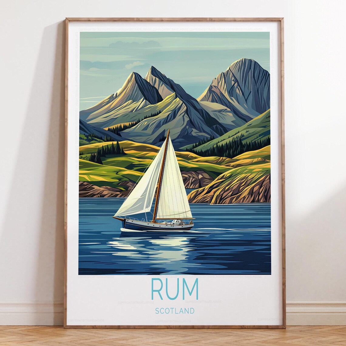 Rum Scotland Sailboat Among Mountains Travel Poster with Bottom Title