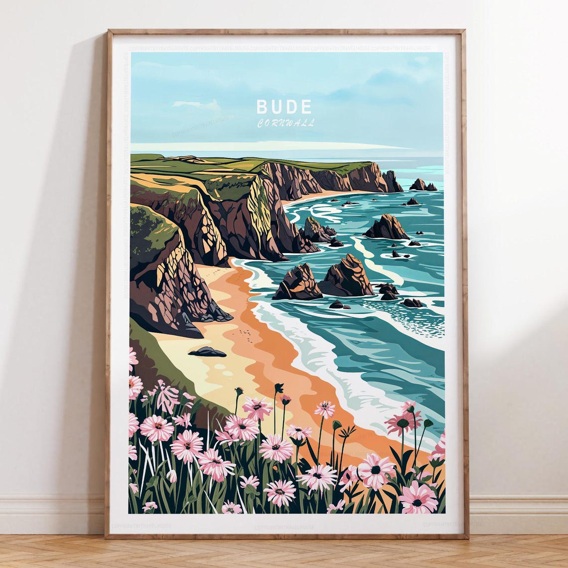 Bude Cornwall Rocky Coastline And Surf Sandy Beach Travel Poster
