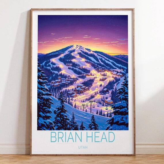 Brian Head Utah Night Ski Resort Village Lit Slopes Bottom Lettering Travel Poster