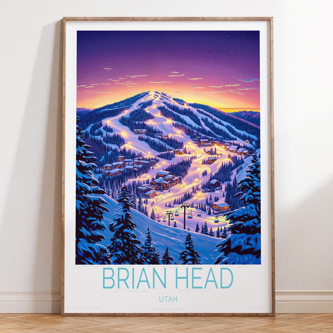 Brian Head Utah Night Ski Resort Village Lit Slopes Bottom Lettering Travel Poster