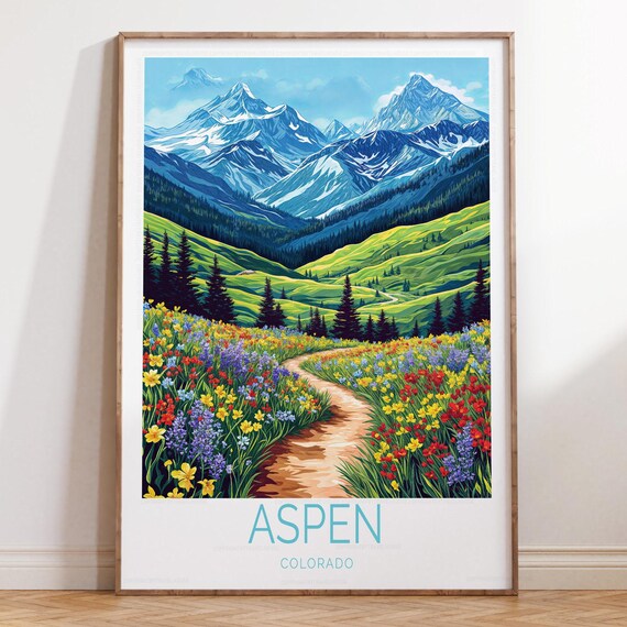Aspen Colorado Wildflower Meadow Trail Snow Peaks Travel Poster