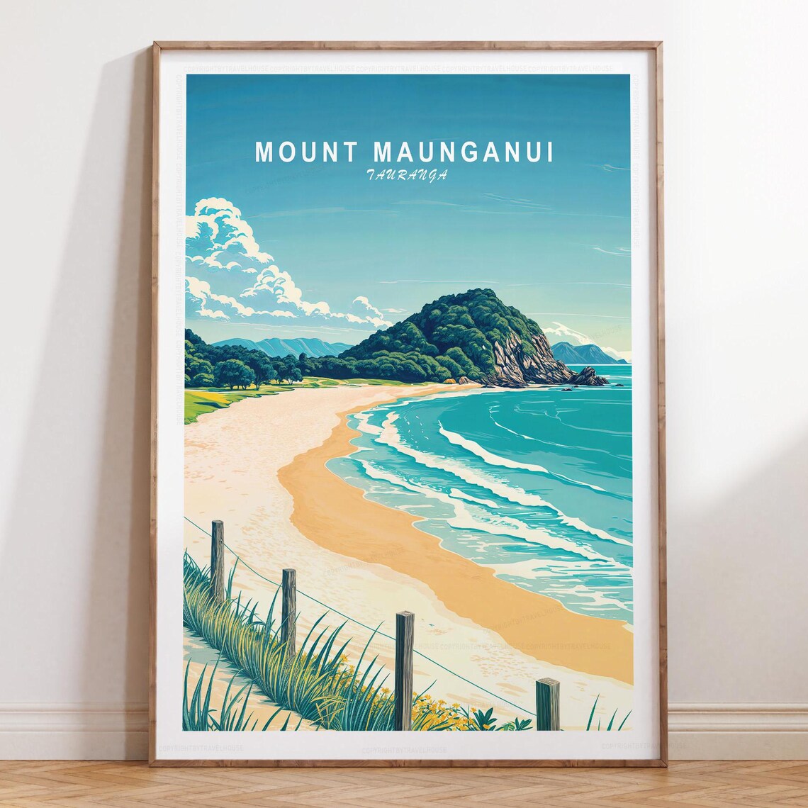 Mount Maunganui Tauranga Ocean Waves Beach Scene Travel Poster