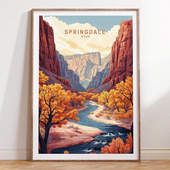 Springdale Utah Canyon River Retro Travel Poster With Top Title