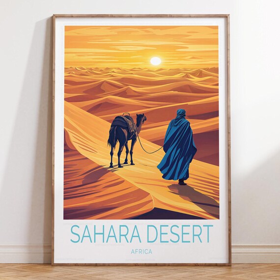 Sahara Desert Africa Camel Caravan Sunset Dunes Travel Poster Bottom Title